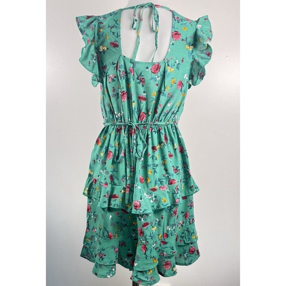 BOG Lottie & Holly Green Floral Boho Tiered Ruffle Mini Sleeveless Dress NWT XS - Picture 8 of 9